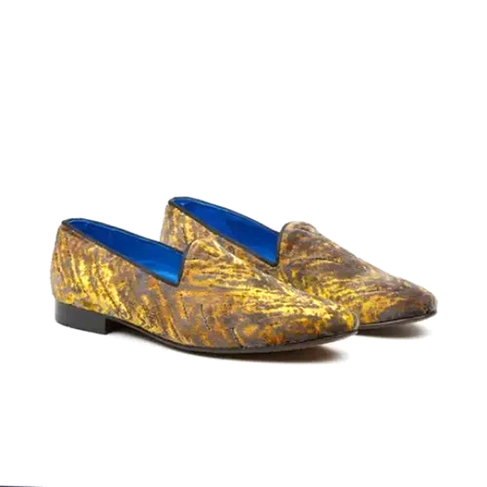 Fertini 80200 Low Vamp Loafer Gold Velvet Slip on Smoking Shoe Yellow Gray 43